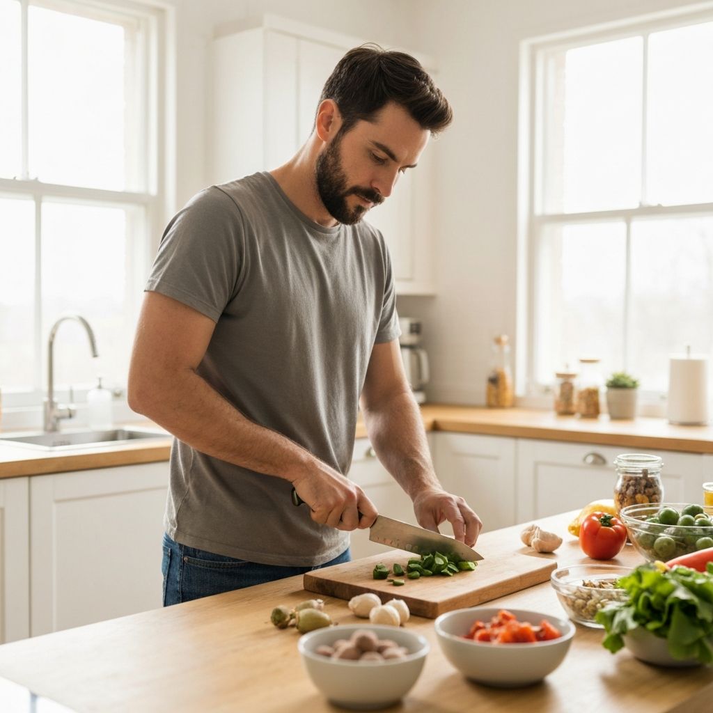 Man preparing a healthy meal in a clean kitchen with natural daylight showing mindful daily practices