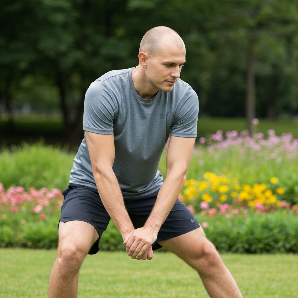 Man stretching outdoors in a peaceful park setting with natural daylight, showing proper body mechanics