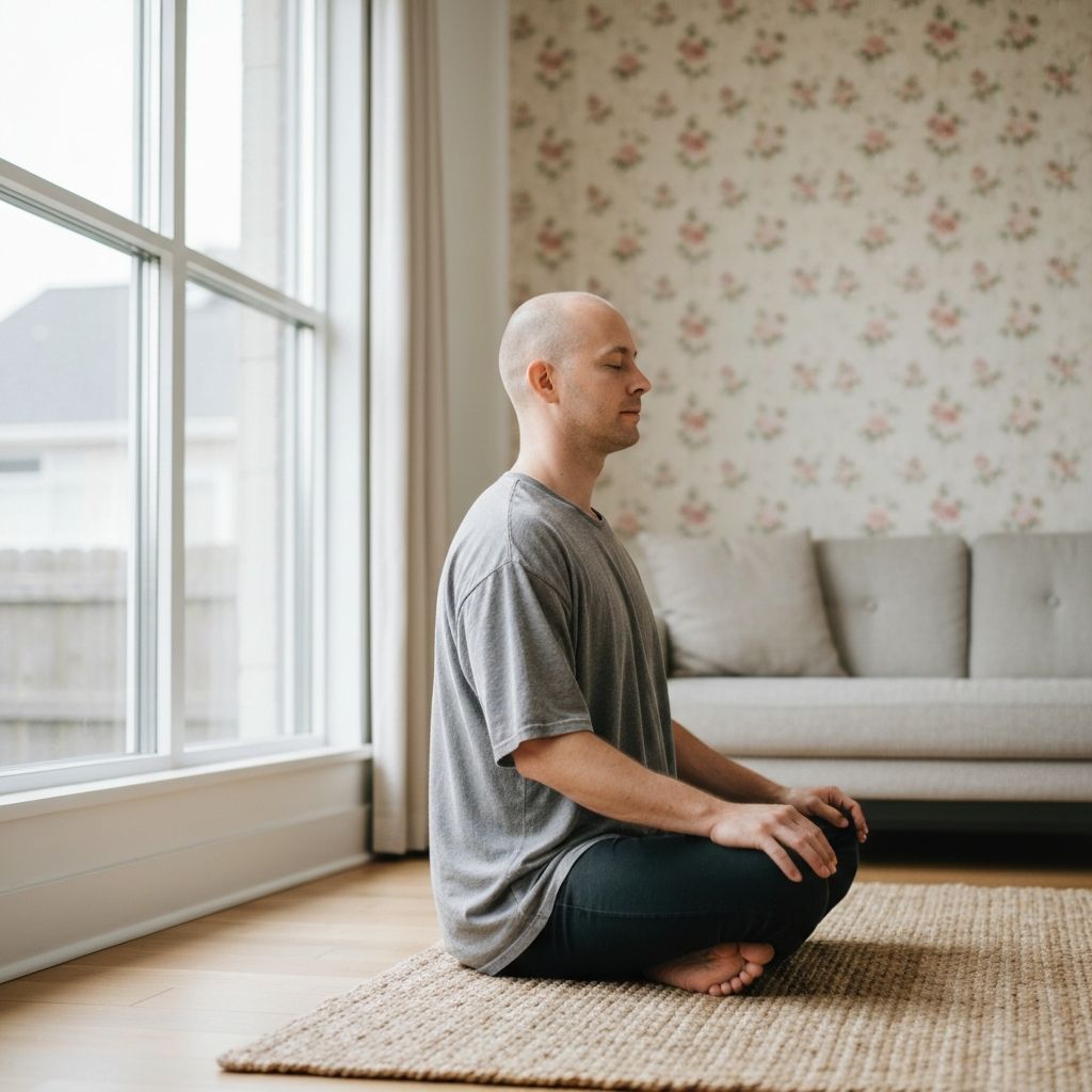 Man practicing mindfulness with focused breathing posture in natural lighting