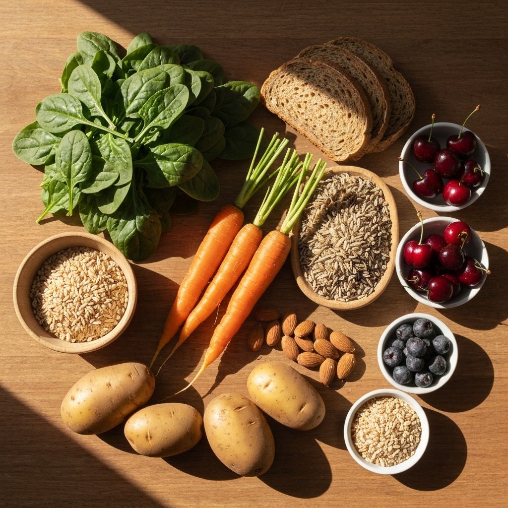 Fresh healthy ingredients including vegetables, grains, nuts and fruits arranged on a wooden surface